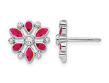 14K White Gold 9/10 Carat (ctw) Natural Ruby Flower Earrings with Diamonds 1/8 Carat (ctw)